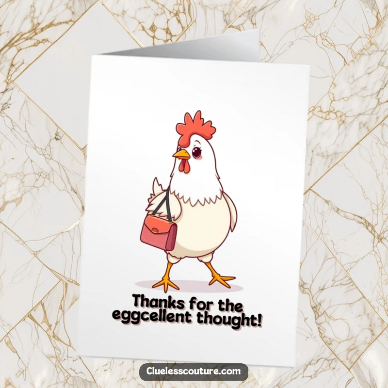 Funny Free Printable Thank You Card: A chicken wearing a designer handbag struts confidently, a humorous thank you illustration.