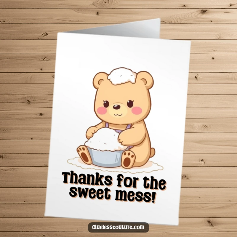 Funny Free Printable Thank You Card featuring a bear covered in flour, somehow conveying gratitude.