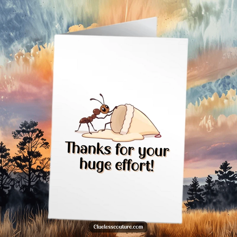 Funny free printable thank you card featuring a curious ant trying to lift an enormous ice cream cone alone, a symbol of big effort.