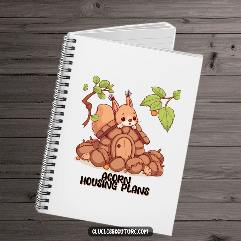 Funny notebook cover illustrated with a squirrel's amusing effort to construct a house from giant acorns, perfect for jotting down thoughts.