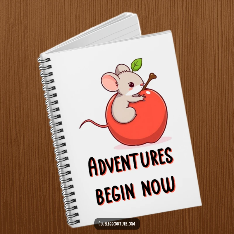 Funny notebook cover featuring a tiny mouse riding a runaway rolling apple, depicting a humorous and spontaneous journey.