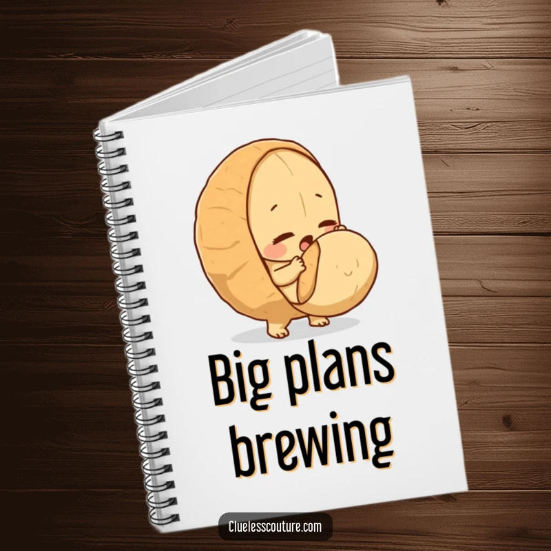 Funny notebook cover art of a determined peanut heroically trying to crack a large nut.