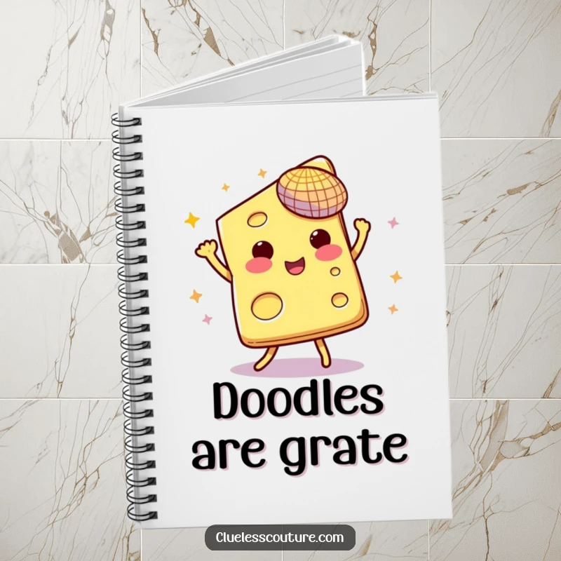 Funny notebook cover with a slice of cheese dancing under its own tiny disco ball.