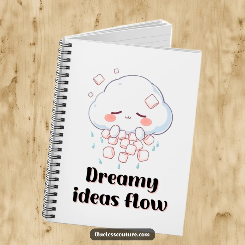 Funny notebook featuring a sleepy anthropomorphic cloud character showering marshmallows, perfect for jotting down dreams with a sweet touch.
