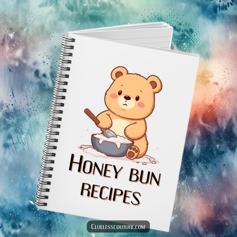 Funny notebook cover featuring a bear hilariously covered in flour during baking, ideal for jotting down sweet thoughts.
