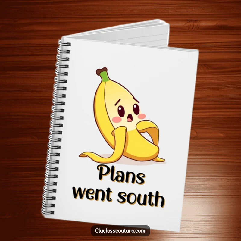 Funny notebook featuring a surprised banana peel comically slipping, perfect for jotting down ideas and thoughts, a funny gift.