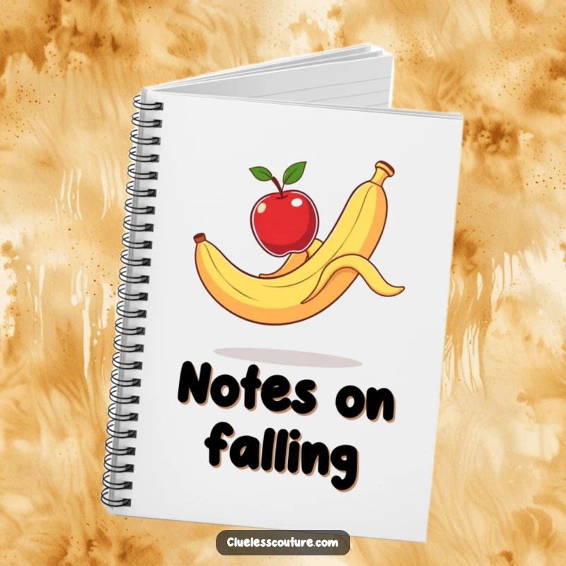 Funny Notebook: A banana peel slips comically, sending an apple flying, a humorous cover for taking notes.