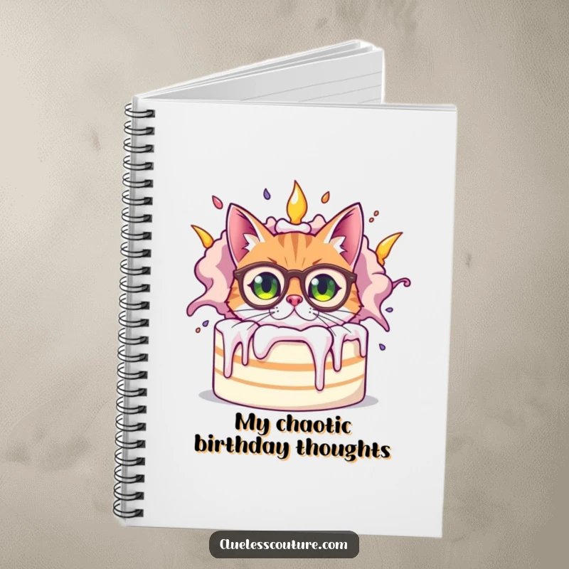 Funny bewildered cat wearing oversized spectacles peeking from behind a giant, exploding cake, inspiring notes and doodles in this funny notebook.