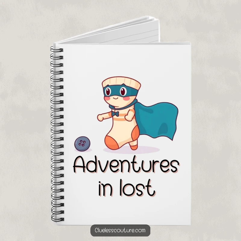 Funny notebook cover featuring a brave sock in a superhero cape rescuing a lost button, ideal for noting down heroic plans.