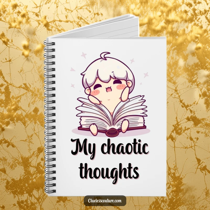 Funny notebook cover art of a clumsy book character falling open with pages flailing.