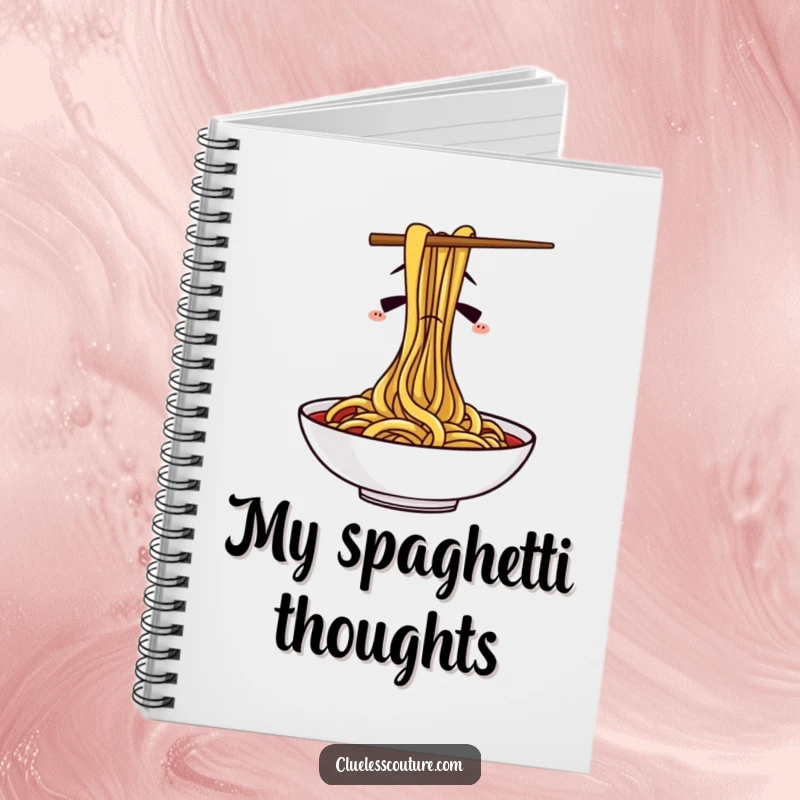 Funny notebook with a cover showing confused chopsticks struggling with spaghetti, ideal for jotting down notes with a smile.