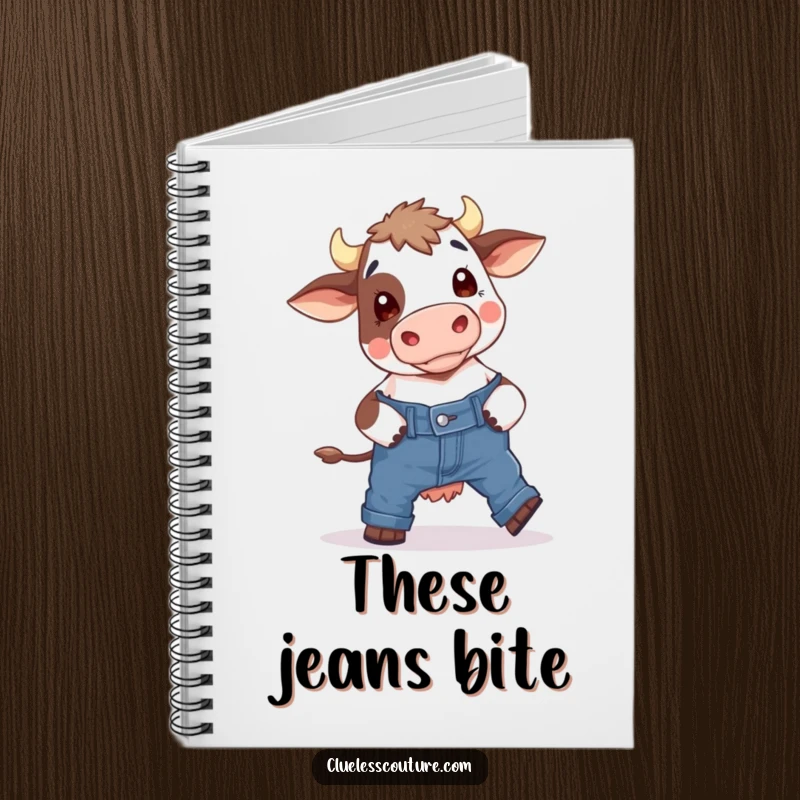 Funny notebook with a bewildered cow humorously struggling with skinny jeans, providing a comical cover for jotting down notes and ideas.