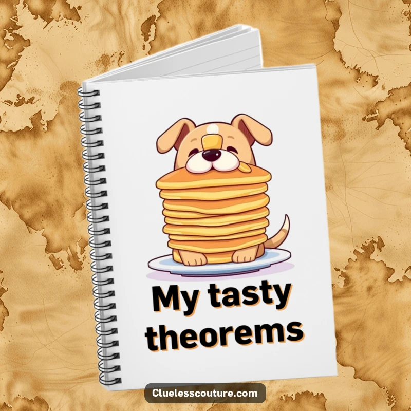 Funny notebook cover with a dog hilariously trying to balance a stack of pancakes on its nose, inspiring creativity.