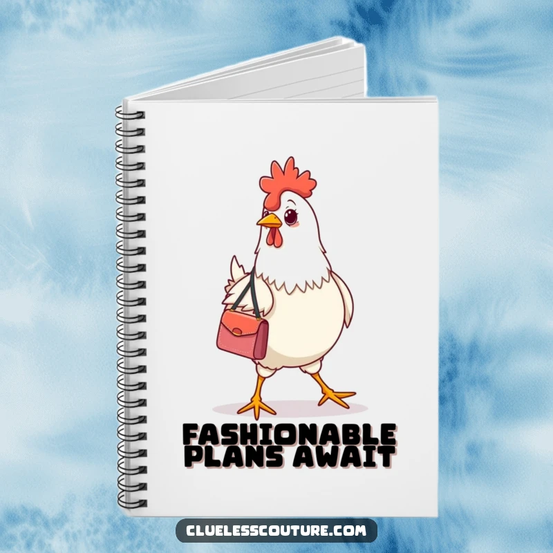 Funny chicken wearing a designer handbag, strutting on a notebook cover, for jotting down stylish thoughts.