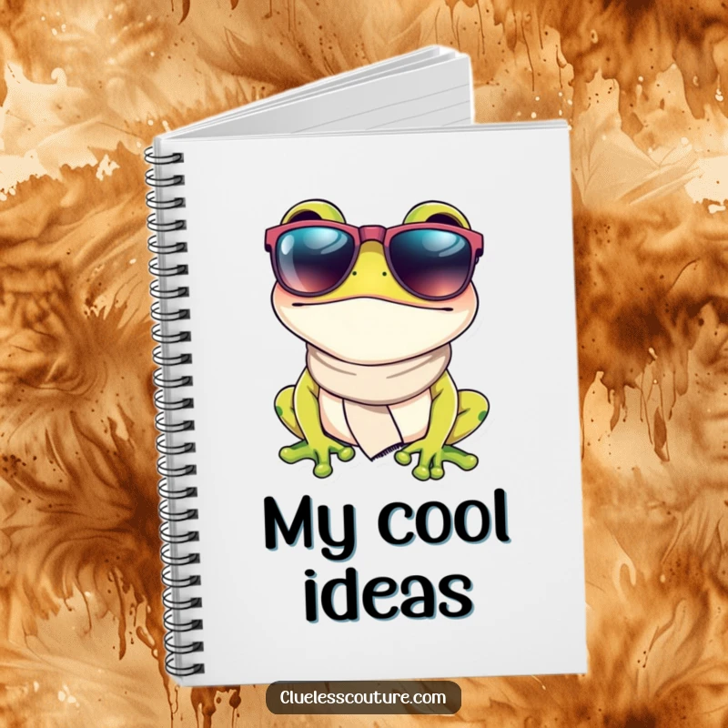 Funny notebook with a fashionable frog wearing oversized sunglasses and a small scarf, perfect for writing down stylish thoughts and ideas.