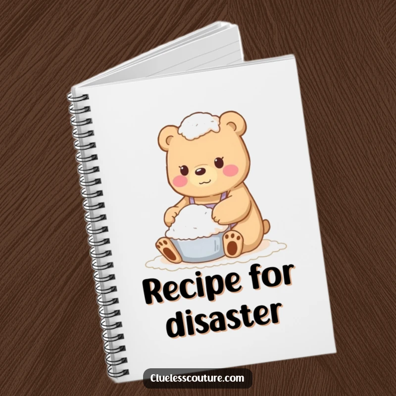Funny notebook cover with a bear covered in flour, a comical illustration for notes and recipes.