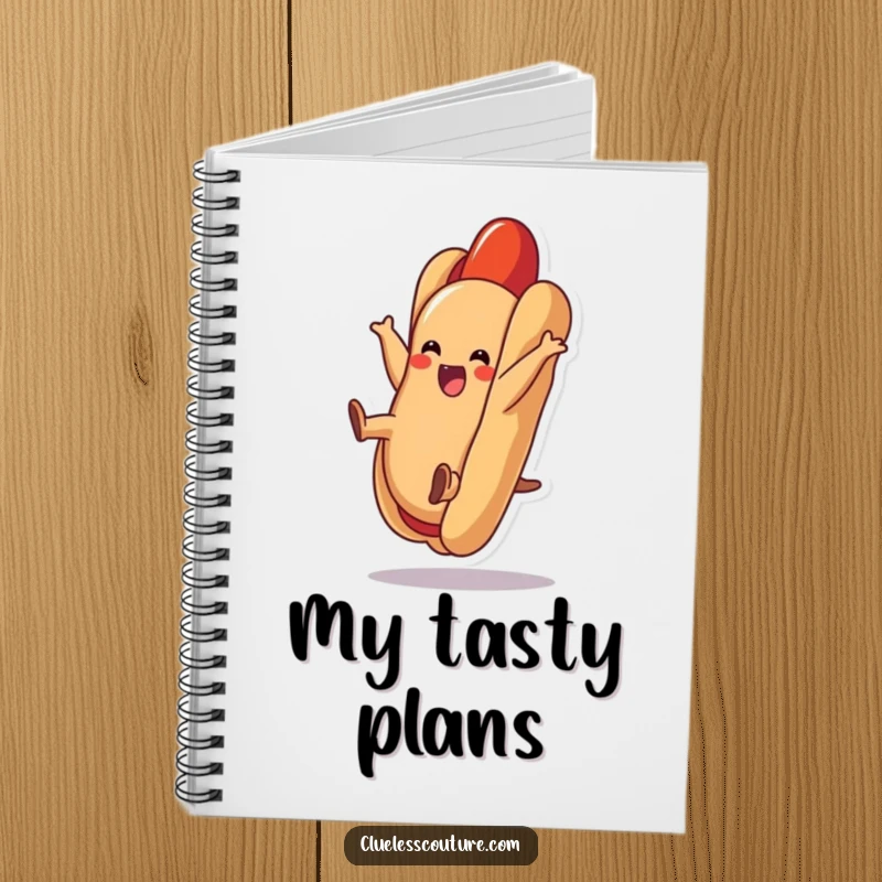 Funny hot dog notebook cover showing a delighted hot dog performing a cartwheel inside its bun.