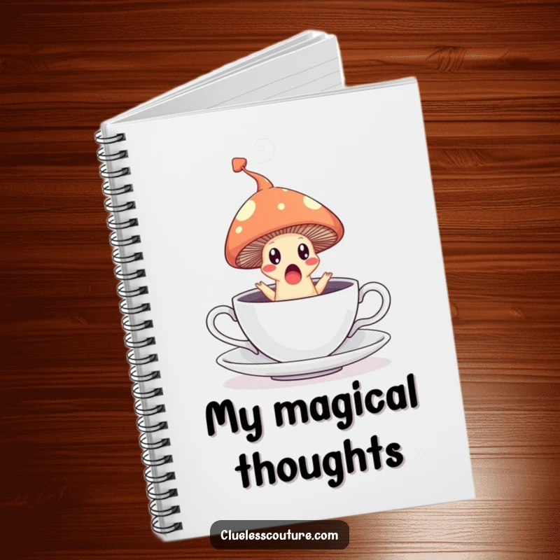 Funny notebook cover with a surprised mushroom leaping from a teacup, leaving a steam trail, ideal for writing and creative brainstorming.