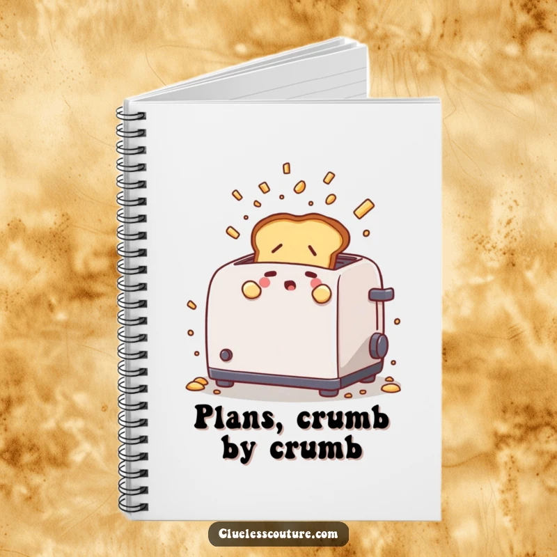 Funny notebook cover with a nervous toast popping out of a chaotic toaster, perfect for jotting down humorous thoughts and breakfast plans.