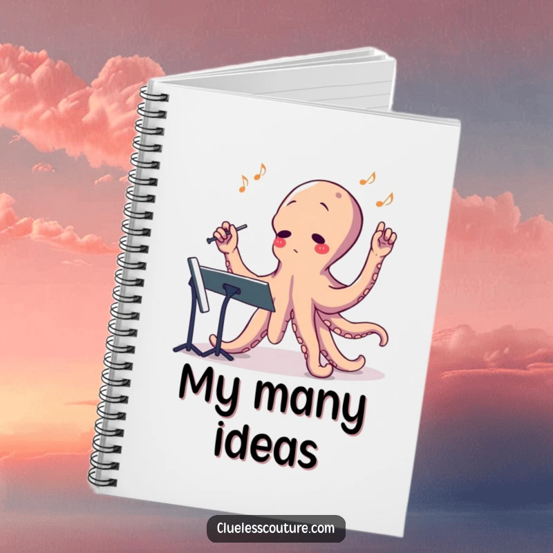 Funny notebook cover with a confused octopus attempting to conduct an orchestra, ideal for musical notes and inspiration.