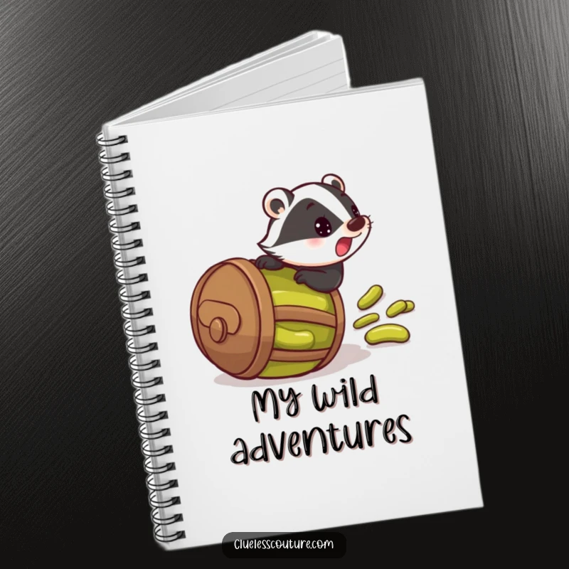 Funny notebook cover with a startled badger rolling downhill in a barrel of pickles, ideal for writing and creative brainstorming.