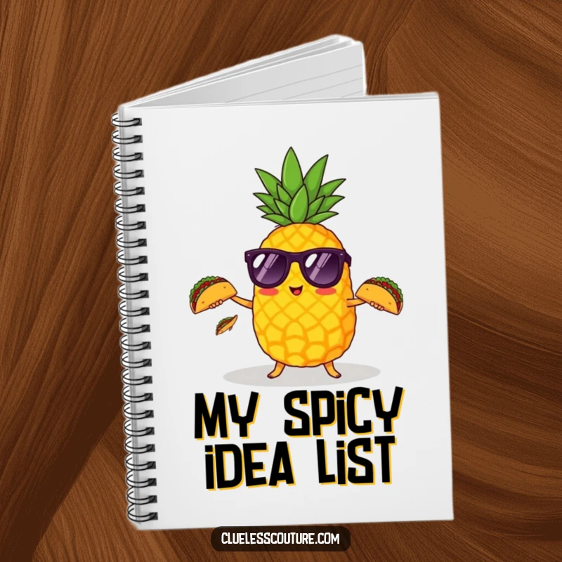 Funny pineapple with sunglasses juggling small tacos, a notebook for jotting down recipes or ideas.