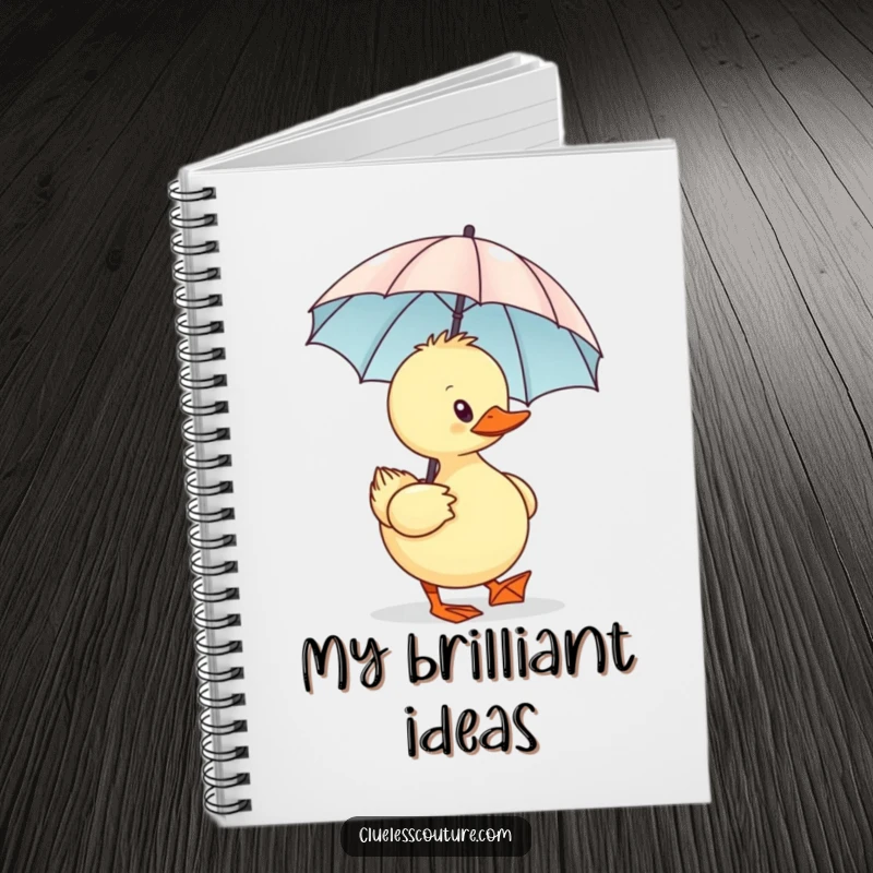 Funny Sassy Duck Notebook, a sassy duck waddling with a minuscule designer umbrella, perfect for jotting down humorous notes.