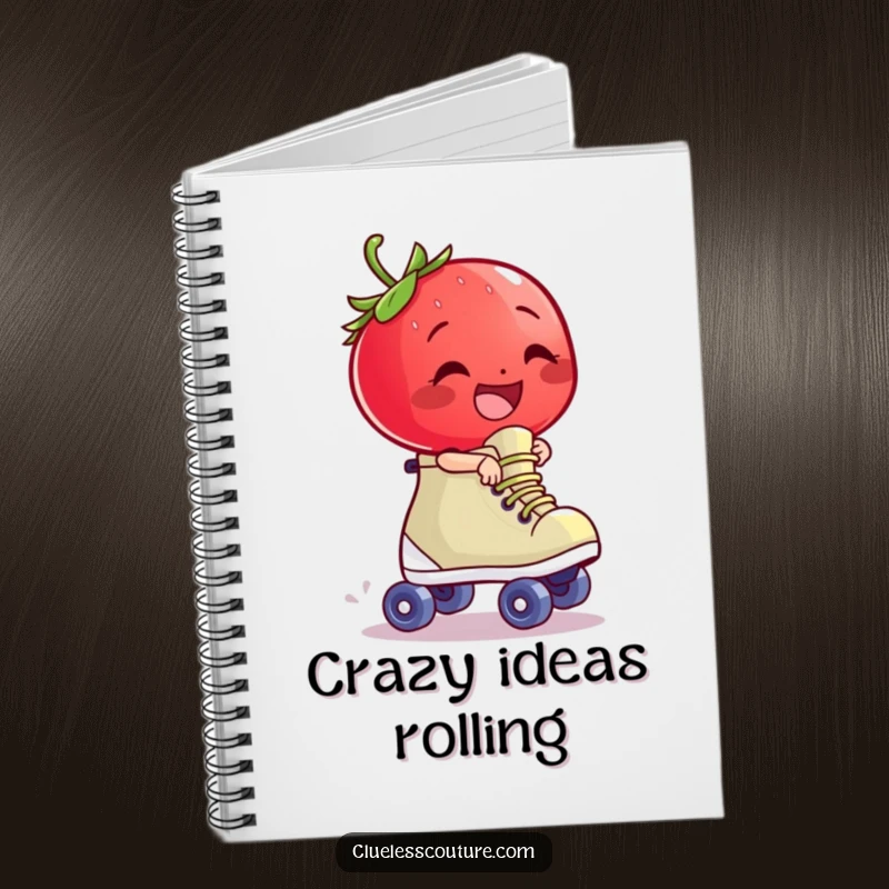 Funny giggling strawberry character riding a runaway roller skate, a humorous notebook for ideas.