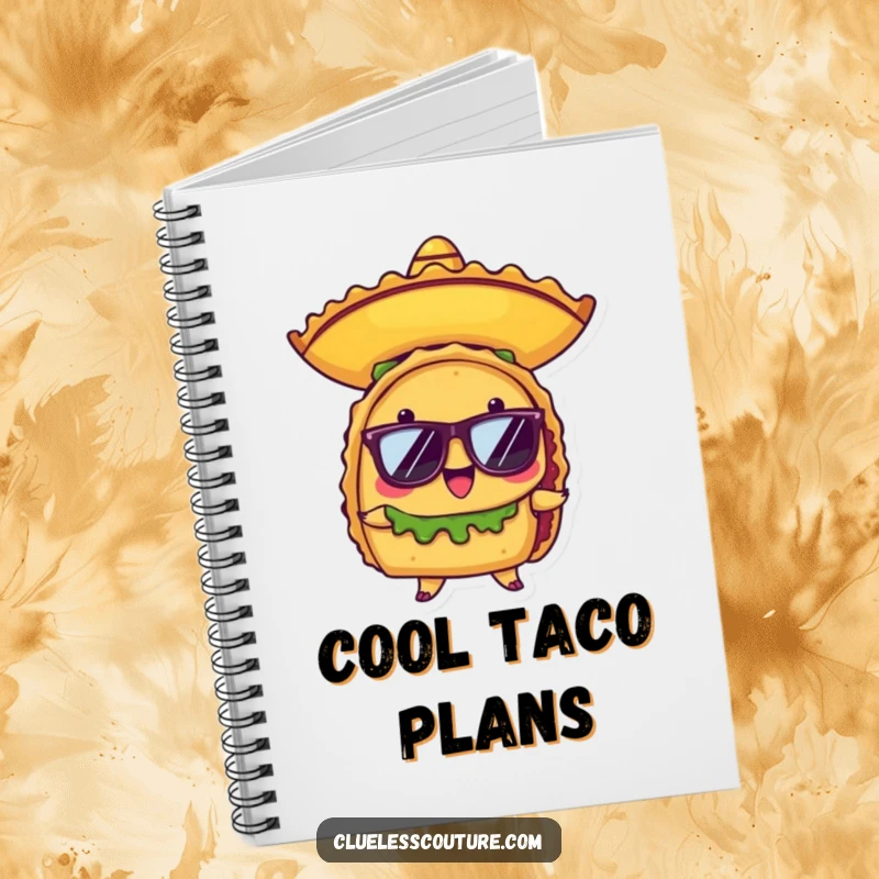 Funny notebook featuring a proud anthropomorphic taco character wearing a tiny sombrero and sunglasses, perfect for jotting down festive thoughts.