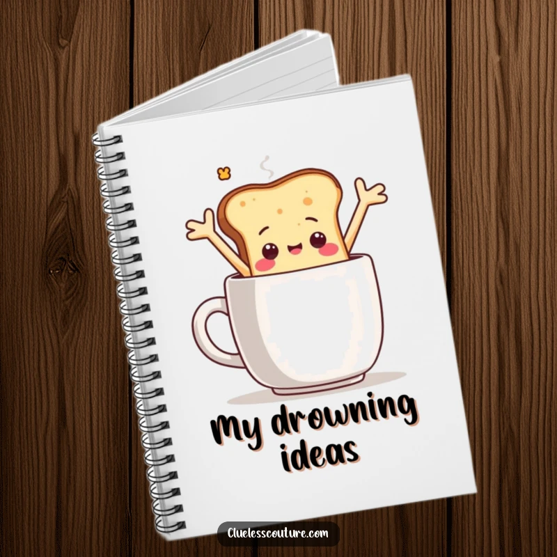 Funny notebook featuring a sentient toast slice character comically falling into a coffee mug, perfect for jotting down humorous thoughts.
