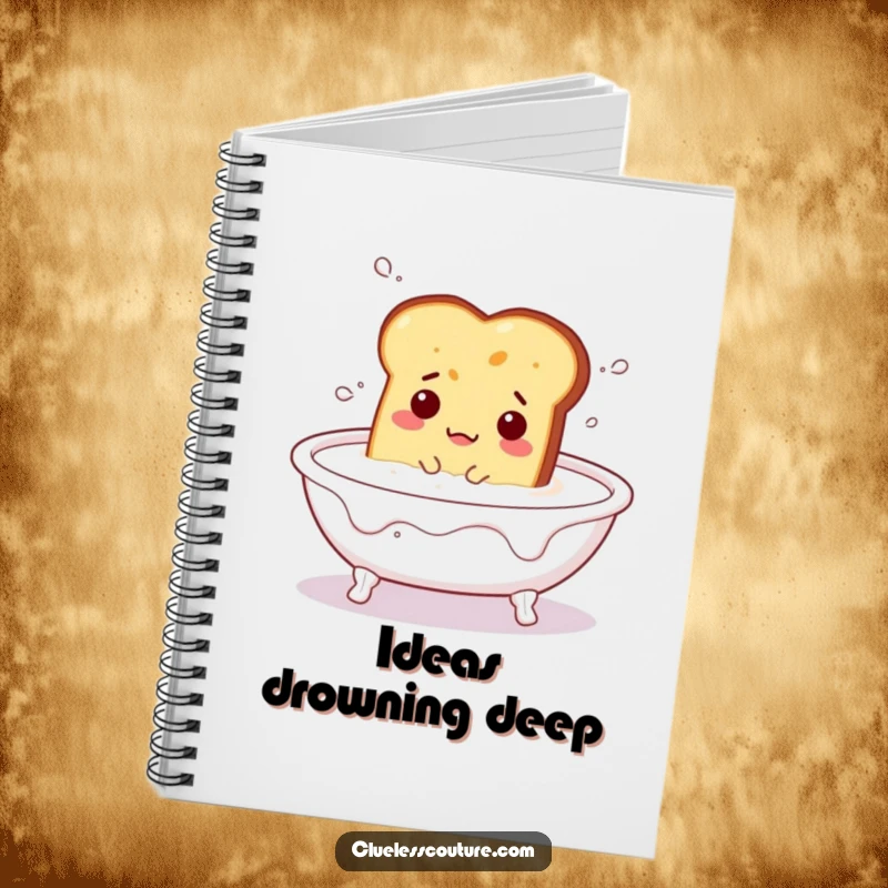 Funny notebook cover featuring a bewildered piece of toast floating in a milk bath, depicting a humorous and unique breakfast scene.