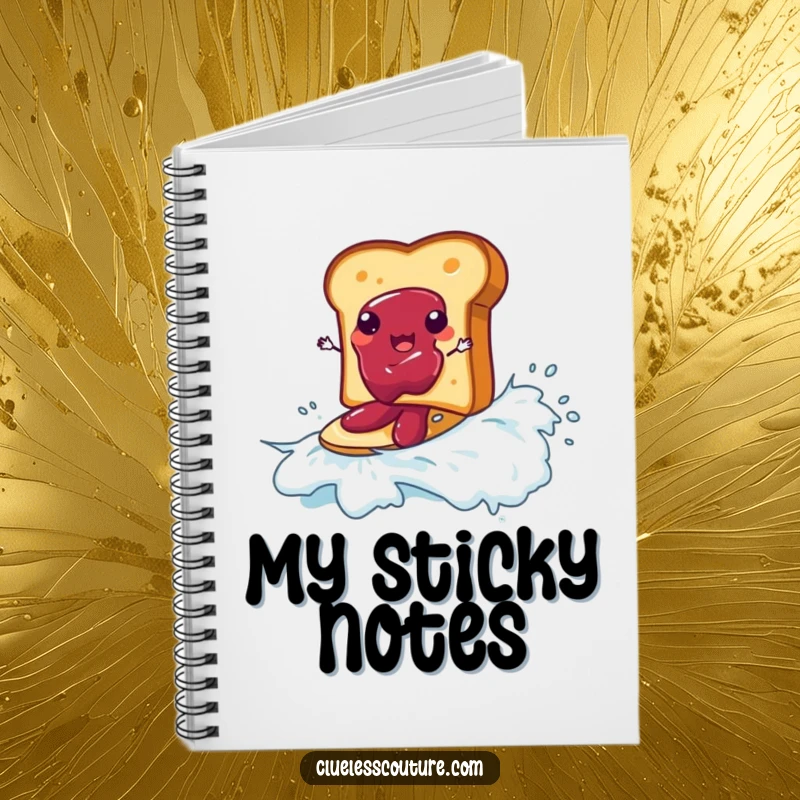 Funny notebook cover with a piece of toast surfing on a wave of jam, ideal for writing and creative brainstorming.