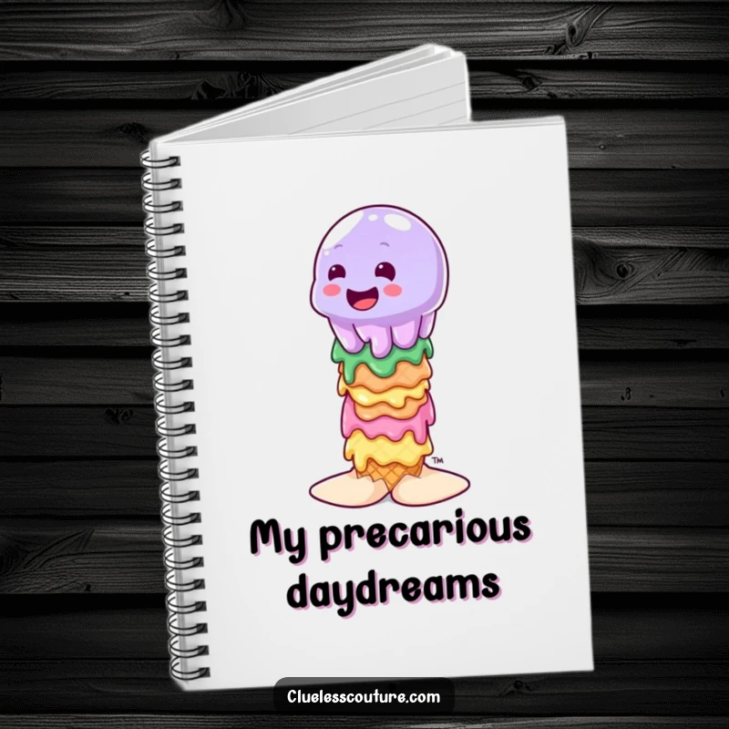 Funny wobbly jelly character attempting to balance on a stack of melting ice cream cones, cover design on a notebook.