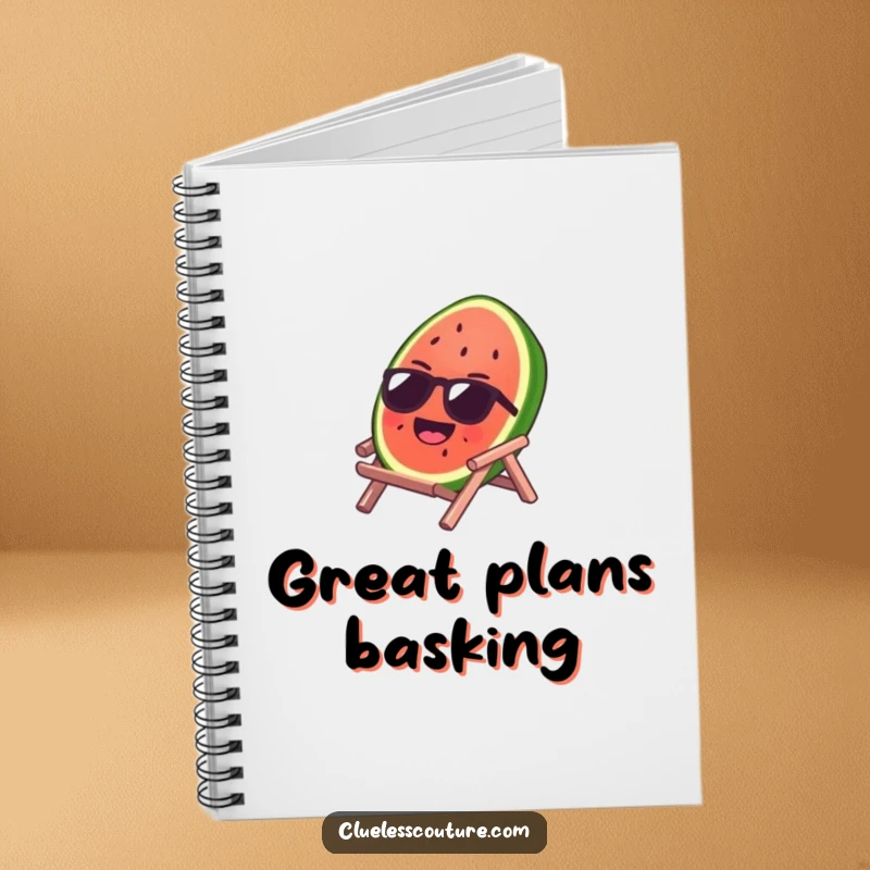 Funny notebook cover featuring a laughing watermelon slice with sunglasses on a tiny beach chair, depicting a humorous and sunny vacation.