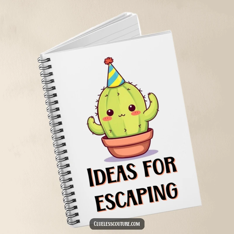 Funny notebook with an overwhelmed cactus wearing a party hat, perfect for jotting down stressed thoughts, a unique funny gift.