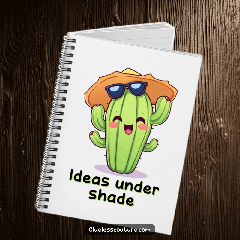 Funny notebook cover featuring a cheerful cactus character wearing an absurdly large and jaunty sun hat.