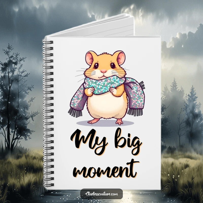 Funny notebook cover with a nervous hamster walking a fashion runway, wearing a giant sequined scarf, ideal for jotting down stylish ideas.