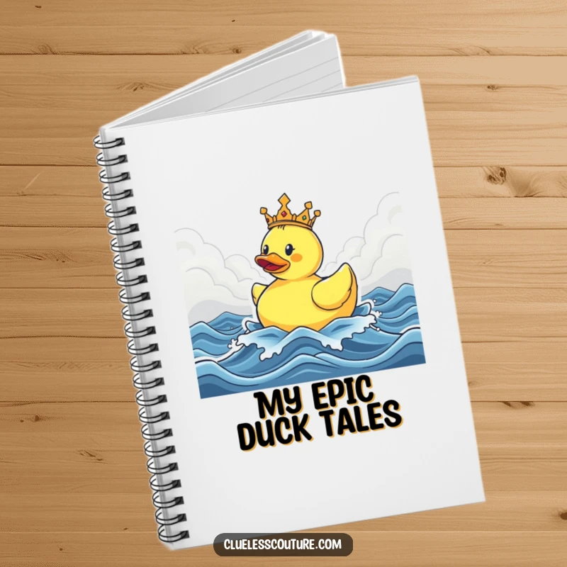 Funny notebook featuring a crowned rubber ducky triumphantly sailing on stormy seas, perfect for journaling adventures and plans.