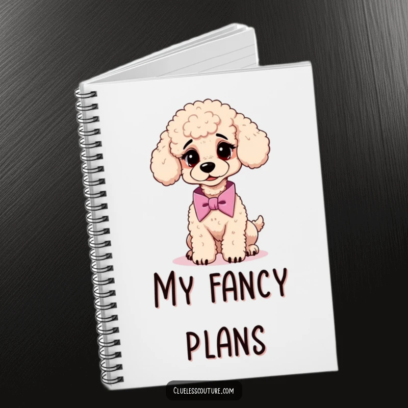 Funny notebook with a confused poodle attempting to tie a cravat, for jotting down stylish thoughts.