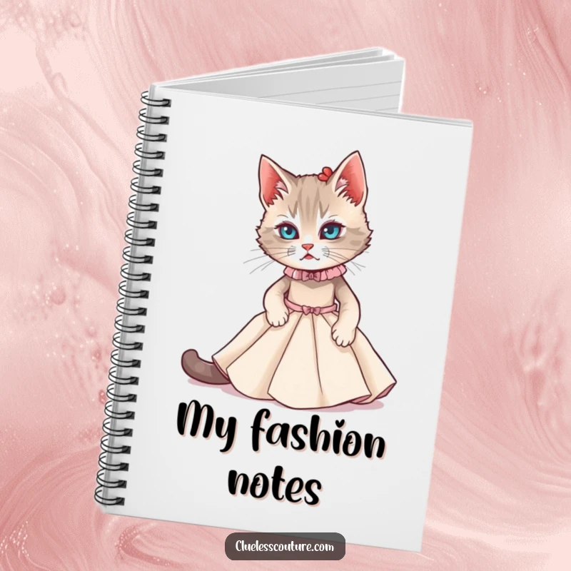 Funny notebook with a cat struggling to fit into a miniature couture gown, for jotting down stylish thoughts.