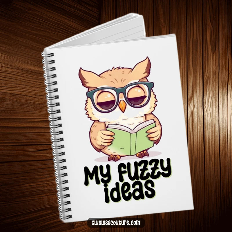 Funny owl notebook cover showing a confused owl wearing glasses, peering intently at a tiny book.