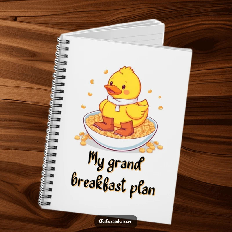 Funny rubber duck wearing big boots wading through a huge bowl of cereal, a notebook for jotting down ideas.