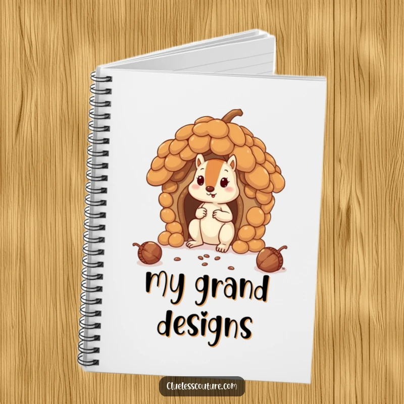 Funny squirrel comically attempts to build a house using oversized acorns, on a notebook cover, ideal for a funny gift.