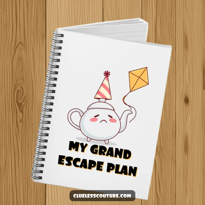Funny notebook cover featuring a confused teapot with a party hat attempting to fly a kite, ideal for jotting down humorous thoughts.