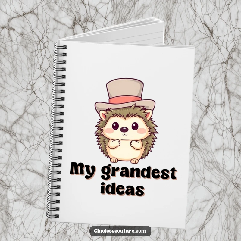 Funny notebook cover with a shy hedgehog comically trying to wear an oversized top hat, inspiring gentle creativity.