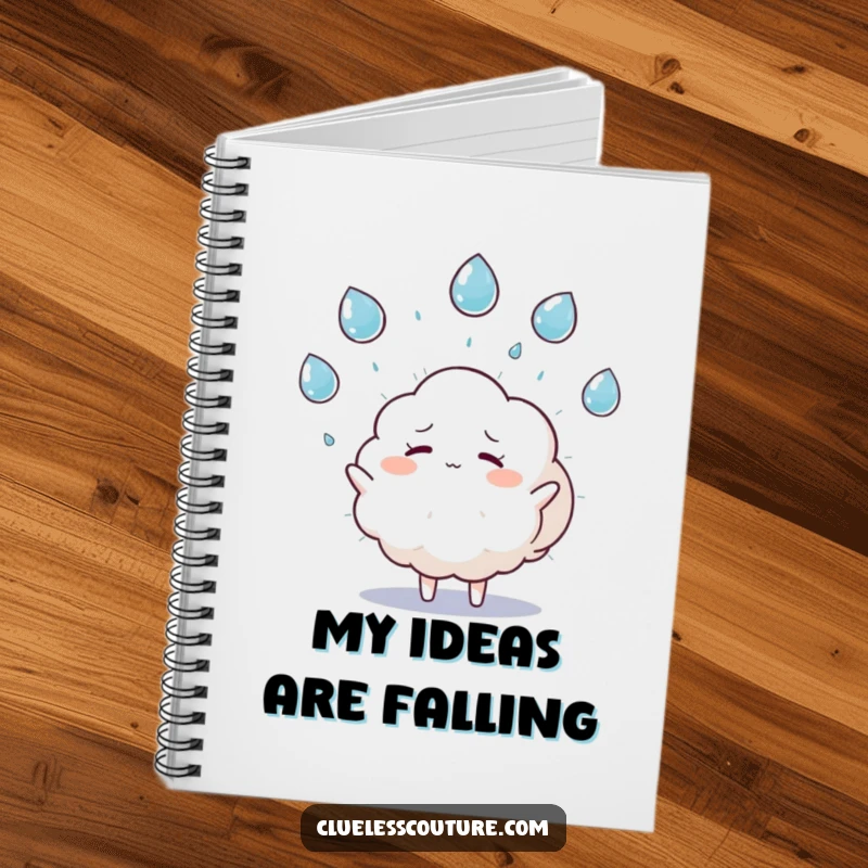 Funny notebook featuring a fluffy cloud character humorously juggling raindrops and looking overwhelmed, perfect for jotting down busy schedules.