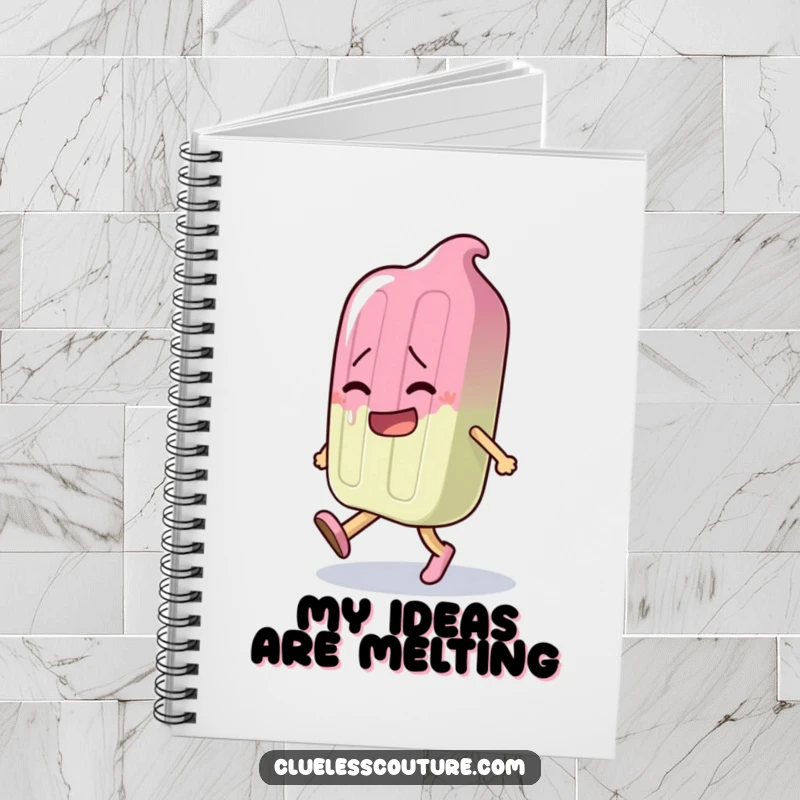 Funny notebook with a melting popsicle character dramatically attempting to walk, perfect for jotting down funny notes.