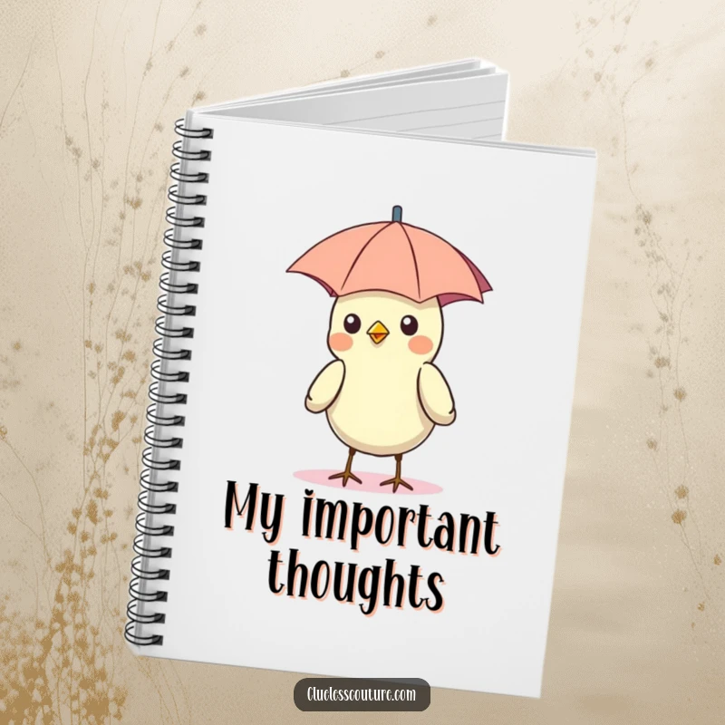 Funny notebook cover with a bird wearing a small umbrella as a hat, enjoying the sunny weather, ready for notes.