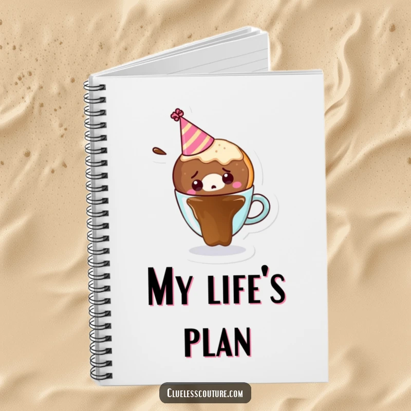 Funny notebook cover featuring a confused donut character wearing a party hat, falling into a coffee cup, great for journaling.