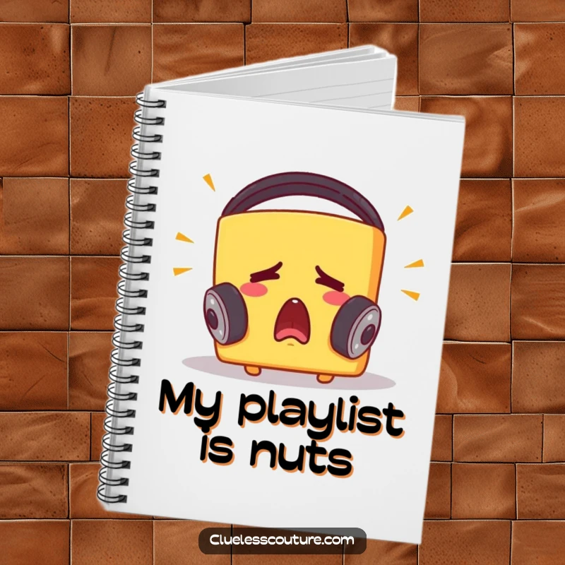 Funny notebook featuring a startled cheese block with headphones, its expression conveying a reaction to loud music, perfect for writing.